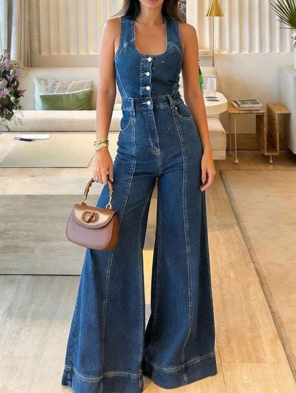 Women's Sleeveless Wide Leg Jumpsuit - With Button Front Closure - Picture 2 of 3